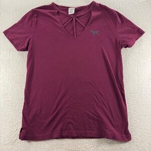 PINK Victoria's Secret V Neck T-Shirt Cut Out Dog Logo Womens Maroon‎ Everyday